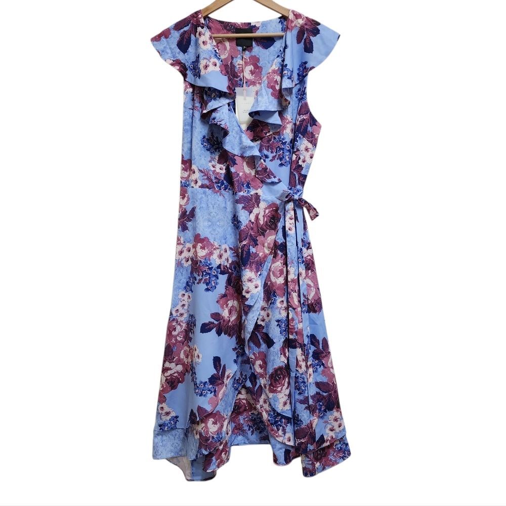 Alex Marie Blue Floral Sleeveless Ruffle Midi Wrap Dress Sz 18 Feminine Cottage